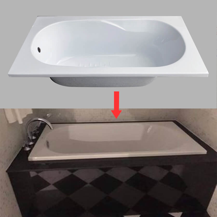 Minh họa bồn tắm xây được đặt vào bệ đỡ ốp gạch